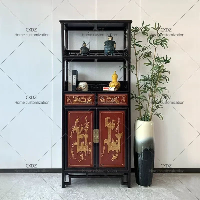 Neoclassical Chinese Solid Wood Bookcase Gold Painted Carved Bogu Shelf Study Decorative Cabinet Traditional Style Locker