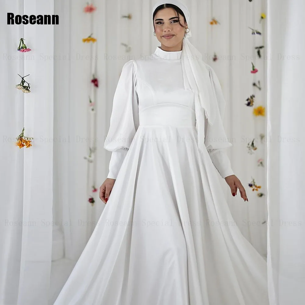 Muslim 2024 New Design A-line Wedding Dresses Satin High Collar Vertically Draped Pleat Floor Length Bride Dress robe de mariée