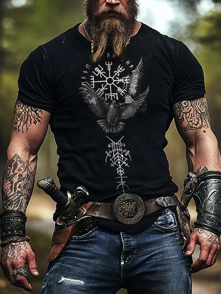 

Nordic Pirates Print Men's T Shirt Funny Crow Pattern Short Sleeve Tops Outdoor Fitness Sports Clothing Fashion Loose O-neck Tee