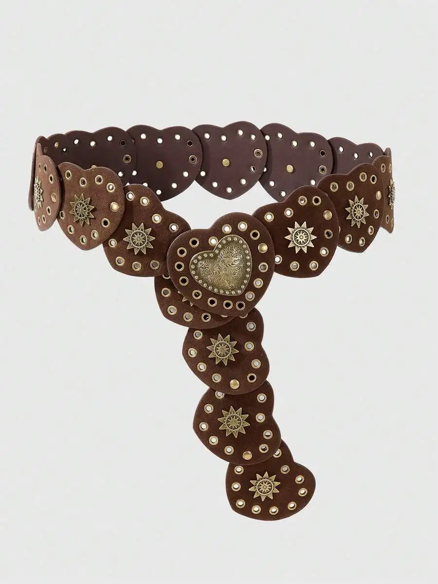 ROMWE Hippie 1pc Women's Hollow Flower Button Decor Brown Oval Leather Circle Metal Eyelet Buckle Belt, Bohemian Western Style,