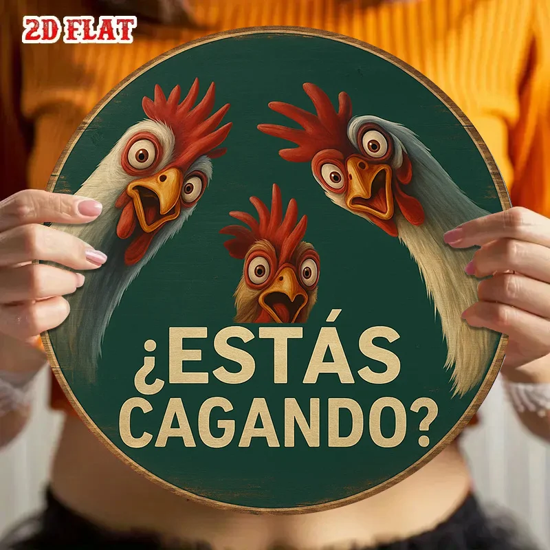 Cartel Decorativo de Aluminio 2D Redondo, Placa Retro Temática de Gallo Gracioso para Salón, Bar, Cafetería u Oficina