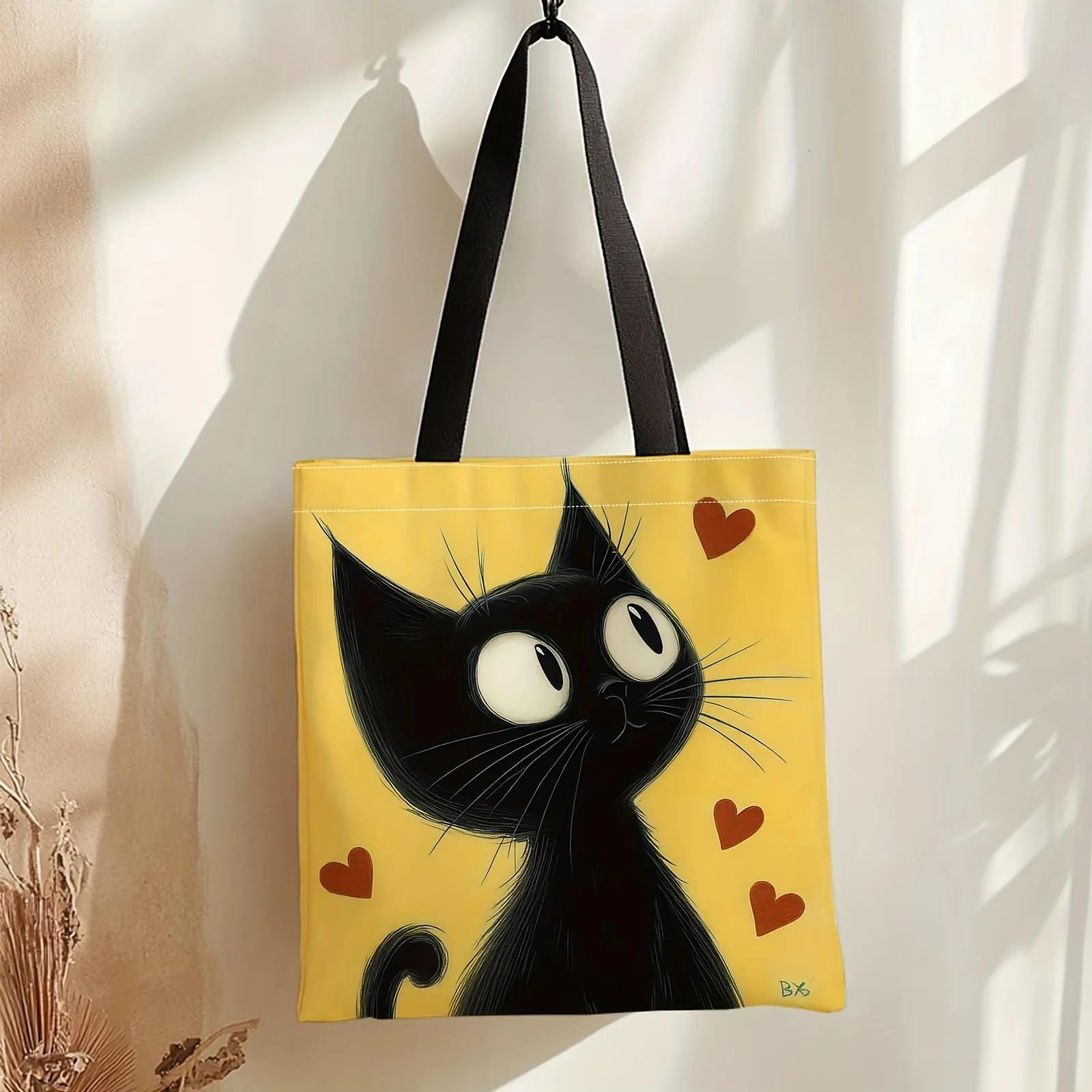 

Cute Black Cat & Hearts Tote Bag - Beige & Mustard-Yellow Cartoon Kitten Shoulder Bag with Double Handle