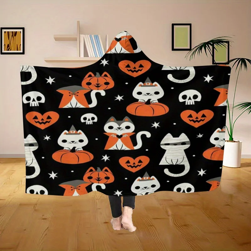 1pc 3D Digital Print Flannel Hooded Blanket Layered Cat & Pumpkin Design with Black Background, Orange/White Hearts