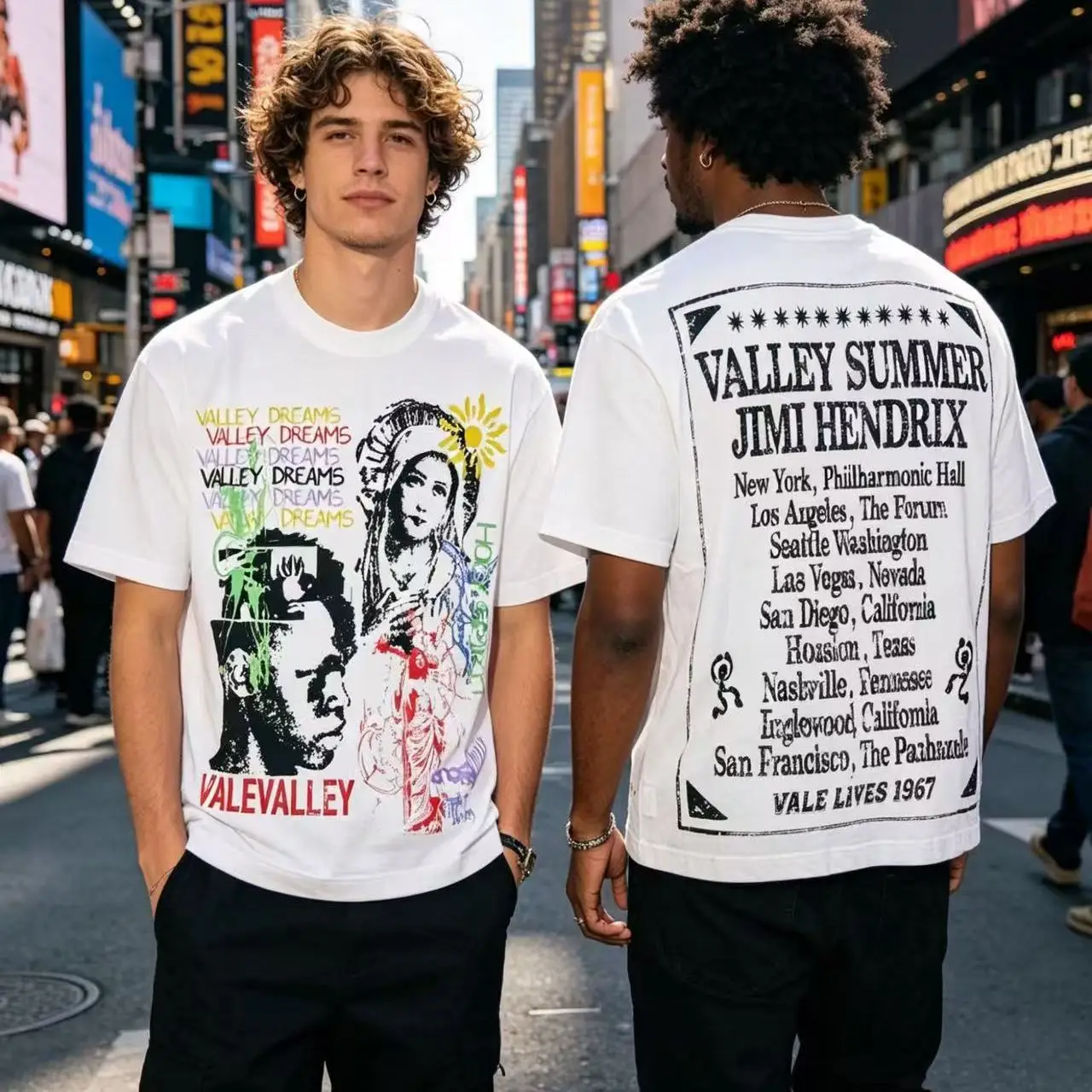 Vale Valley American Retro Graffiti Print Distressed INS Heavyweight Pure Cotton Loose Short Sleeve T-Shirt Street Style City...