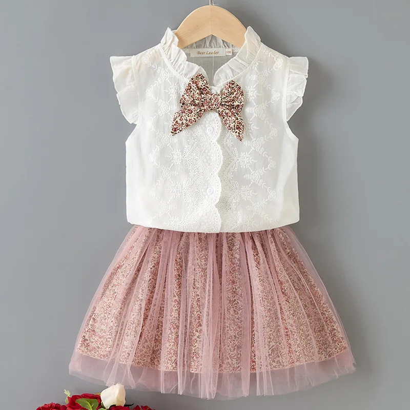 Girls Summer Two-Piece Set – Lace Top with Leopard Print Tulle Skirt, Princess Dress for Birthday Party