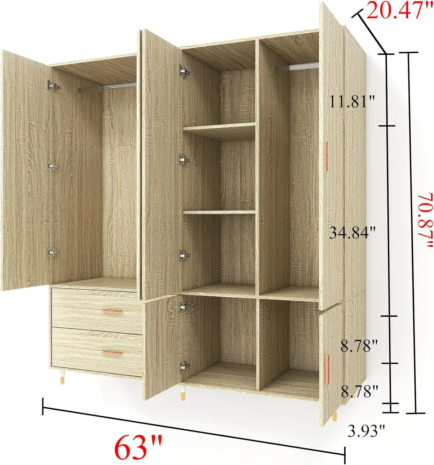 Armoire Wardrobe Closet: Wood Cabinet with 4 Doors, 2 Drawers, Tall Storage, Shelves, and 2 Hanging Rods