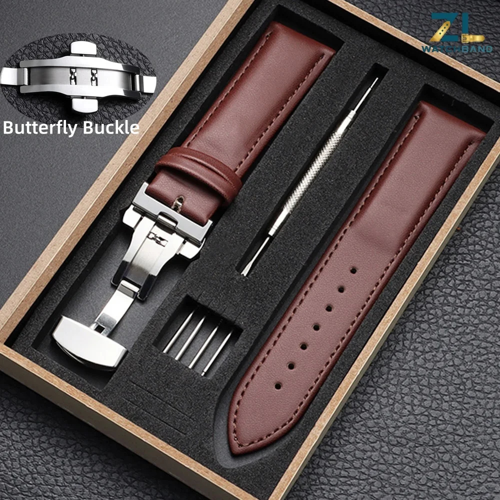 Bracelet de montre vintage en cuir de veau 12mm 14mm 16mm 18mm 20mm 22mm 24mm pour hommes et femmes, avec boucle papillon argentée