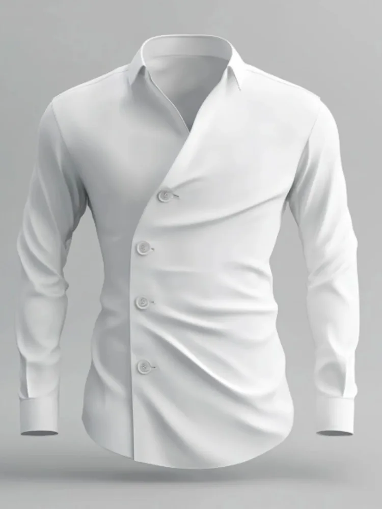 

Men White Long Sleeve Shirt Asymmetric Button Collared Slim Fit Dress Shirt Casual Business Formal Solid Color Fashion Top