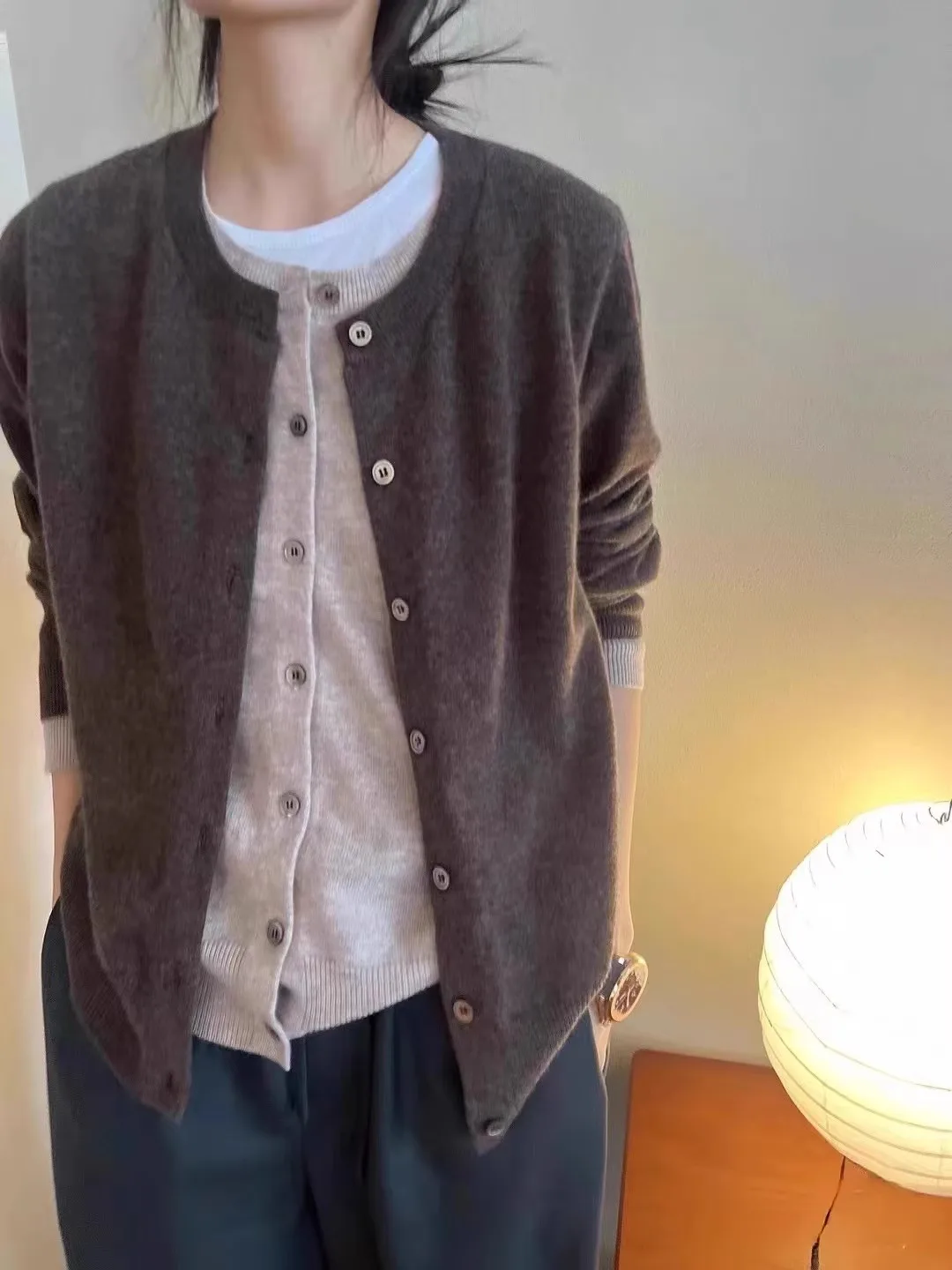 Fake Two 100% Pure Cashmere Sweater Cardigan Dark Grey High-grade Wool Knit Coat Top Women V Neck Button Front Loose Soft Knitte 6