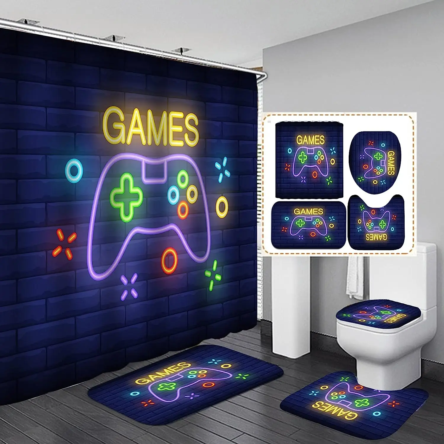 Gamer Shower Curtain Set with Rugs for Bathroom Stalls Bathtubs Decor Video Gamepad Bath Curtain with Hooks Non-slip Toilet Mat