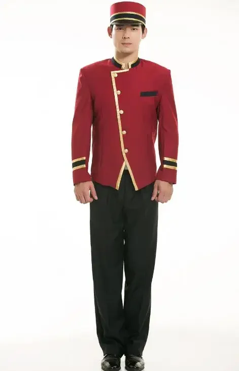 tenue-de-travail-pour-hommes-collection-printemps-comprenant-veste-pantalon-et-chapeau-rouge-pour-receptionniers-d'hotels-et-portiers-style-uniforme-et-tenue-de-ceremonie