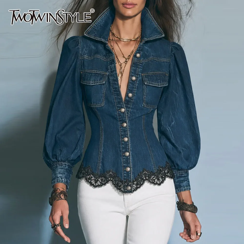 TWOTWINSTYLE Vintage Denim Shirt for Women Lapel Puff Long Sleeve Button Front Fitted Blouse Lace Hem Pocket Decorative SlimTop