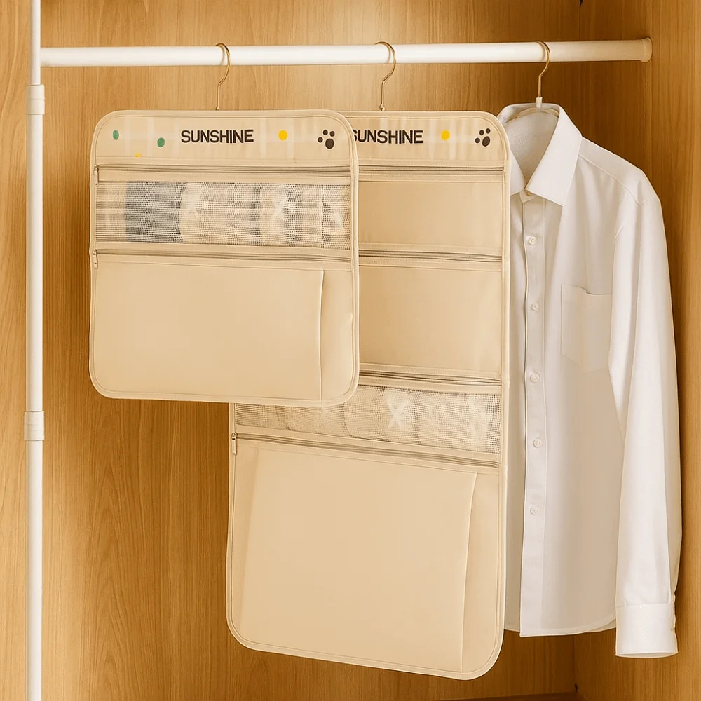 

Large Capacity Multi-layer Socks Hanging Bag Space Saving Reusable Socks Storage Organizer Breathable with Hanger