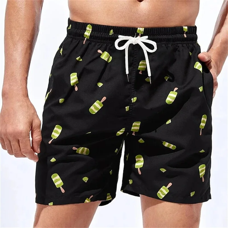 

3D Printed Coconut Tree Flamingo Short Pants For Men Popsicle Pattern Swim Trunks Hawaiian Casual Street Surfing Beach Shorts