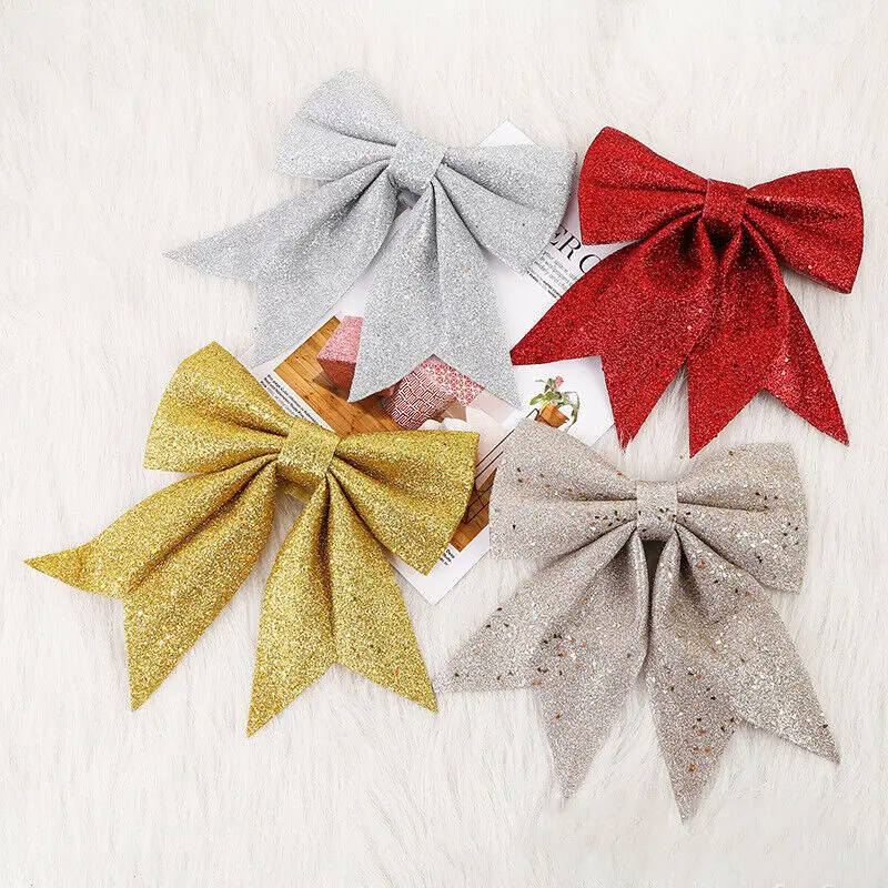 6Pcs Christmas Bows Hanging Decorations Gold Silver Bowknot Christmas Tree Bowknot Ornaments New Year Xmas Party Christmas Decor