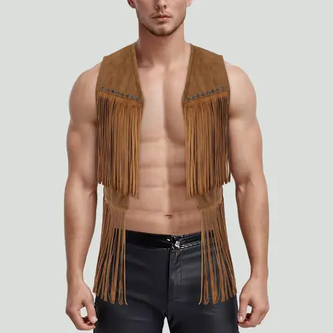 Mens Faux Suede Tassel Vest Western Cowboy Sleeveless Indian Denim Vest Tassel Retro Boho Hippie Clothing Tops Rivets Fringe