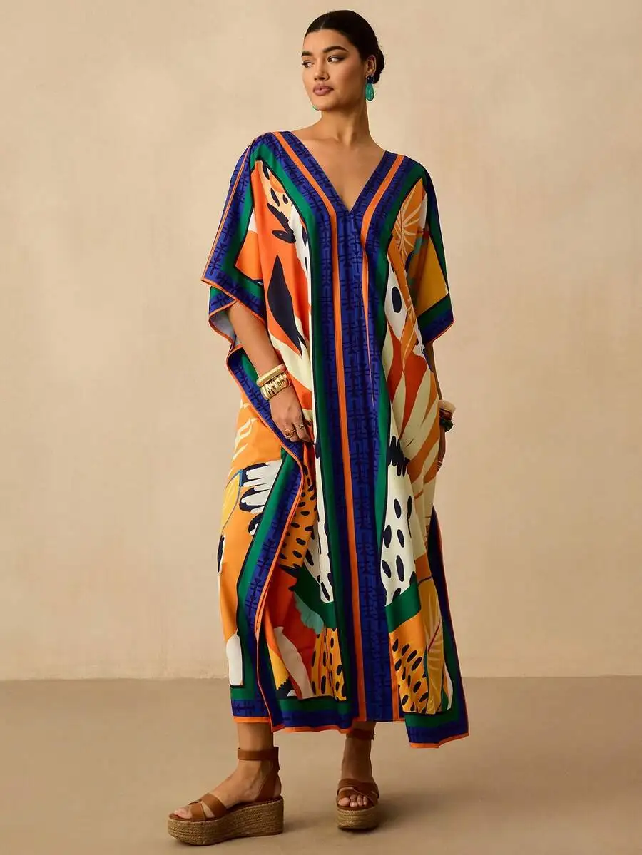 

Женское свободное платье-кафтан с V-образным вырезом, цветовыми блоками и абстрактным принтом