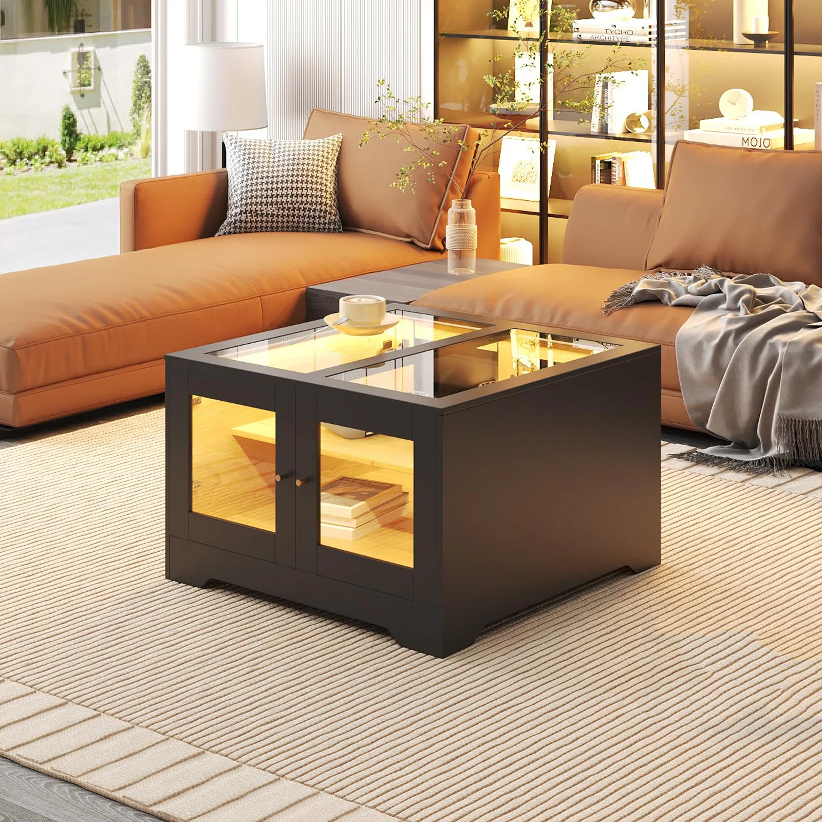 

Vabches Coffe Table with LED Lights&Storage Modern Square Coffee Table with Glass Top Wooden Black Central Table for Living Room