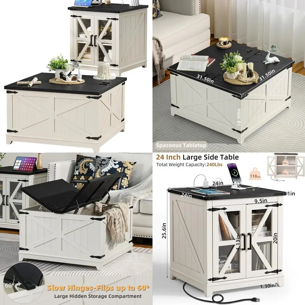 

Two-Piece Farmhouse Coffee and Side Table Set with Charging Station and Hidden Storage