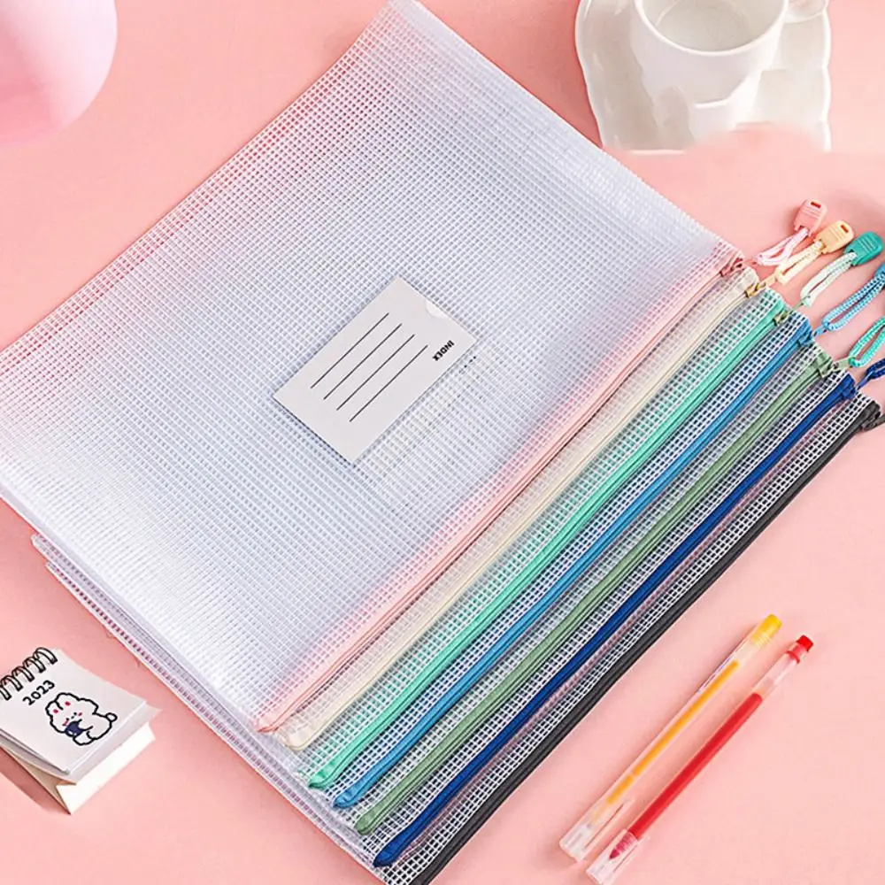 Durable PVC A4 Mesh File Bag Thickened Zipper Information Bag Subject Sorting Waterproof Document Storage Bag Student