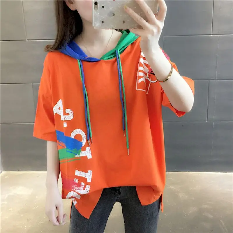 Hooded Short-sleeved T-shirt Women 2024 Spring Summer New Fashion Womens Tops Loose Color Matching Graffiti Half-sleeved T Shirt