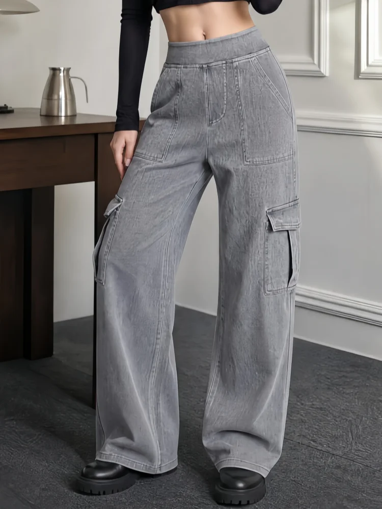 Smoothscape Women’s High Waisted Stretch Denim Cargo Pants Relaxed Straight Leg Multi Pocket Colored Jeans Casual Workwear Style