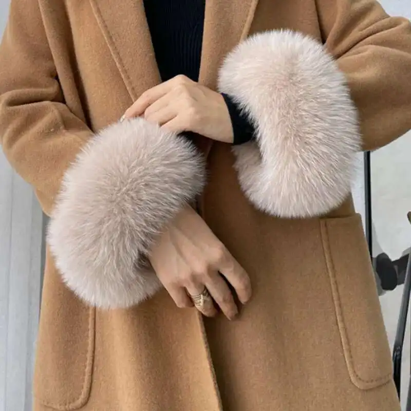 Puños de piel de zorro Natural para mujer, puños de muñeca peludos, abrigo, pulsera, guantes cálidos desmontables, mangas de piel esponjosas sólidas para mujer