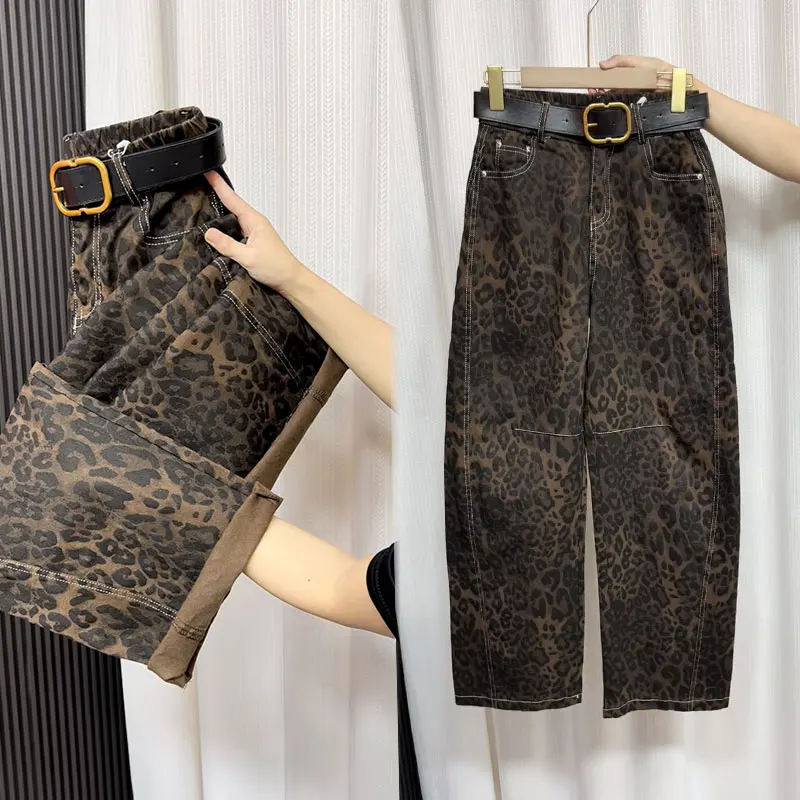 

2025 Autumn Trendy plus Size High Waist Denim Leopard Print Pants Slimming Concealing Faionable Women's Straight Leg Jeans