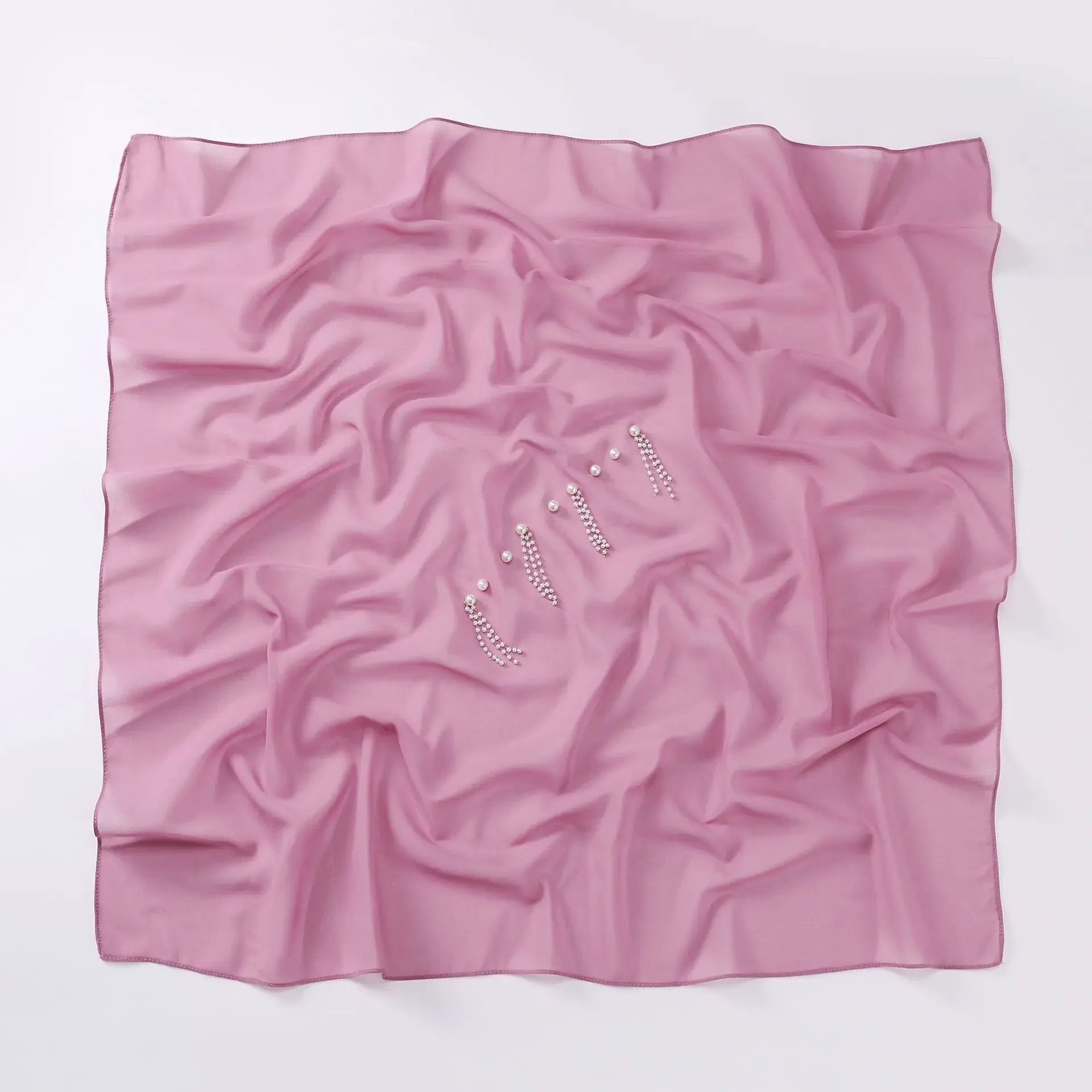 

90*90cm New Pearl Chiffon Square Scarf Beaded Shawls Wrap Women Muslim Hijab Headscarf Bandanas Headband Kerchief Turbante Mujer