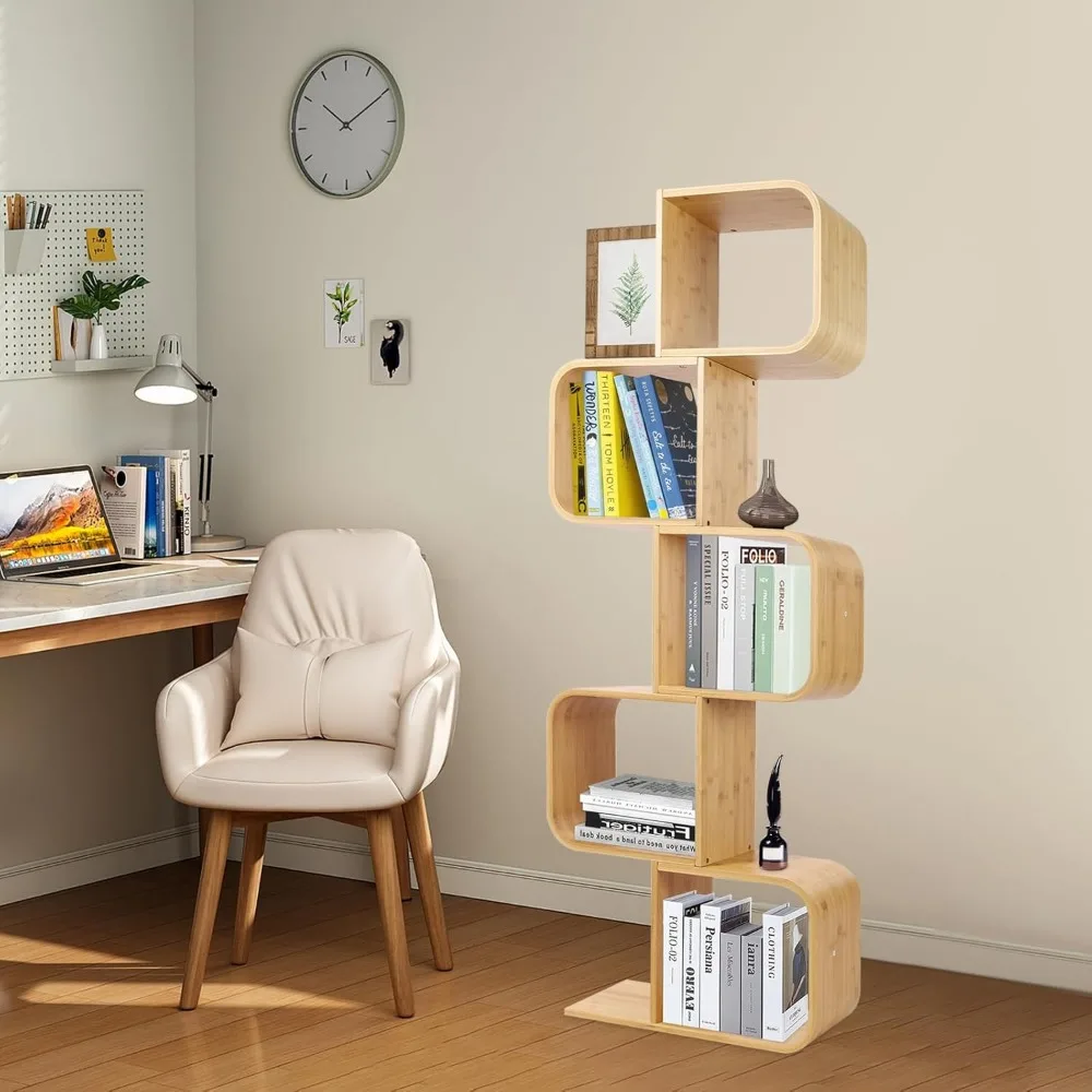 Duży, nowoczesny regał bambusowy - 5-poziomowy regał w kształcie litery S do przestronnego, dekoracyjnego przechowywania