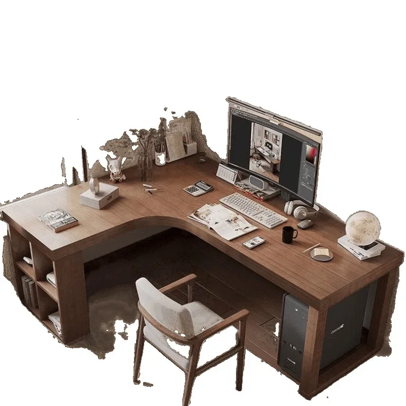 Solid wood corner desk bookshelf combination bedroom household 7-shaped writing desk corner desktop computer desk L-shaped