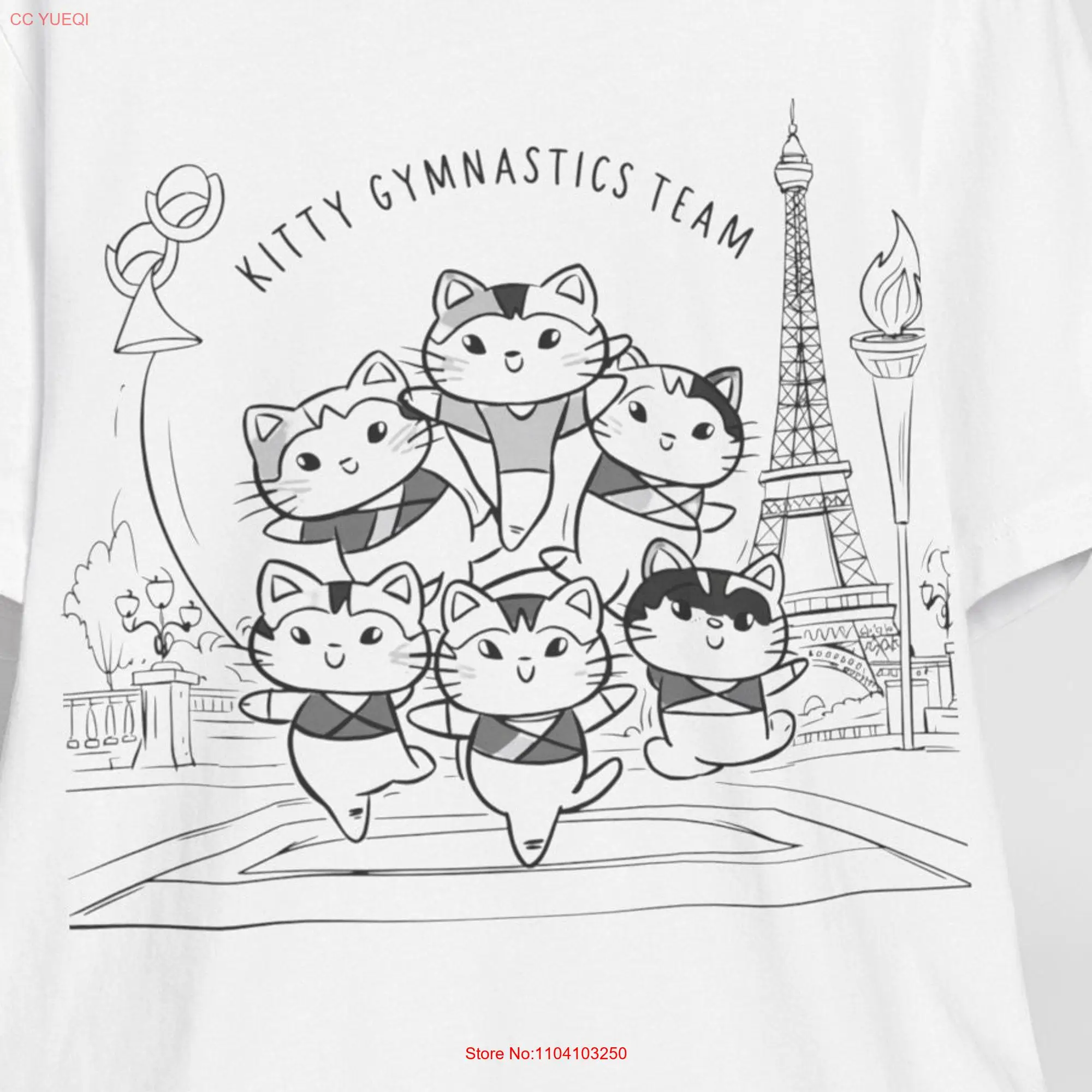 Cats Gymnastics Team T Shirt Paris Humor Competition sports balance beam Torch Flame felines athletes cartoon Eiffel Tower