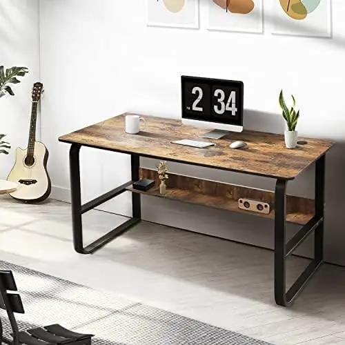 

55 Inch Computer Desk, Home Office Desk with Extra , Personal Laptop Pc Workstation, Student Study Desk, Metal Frame Wood Table