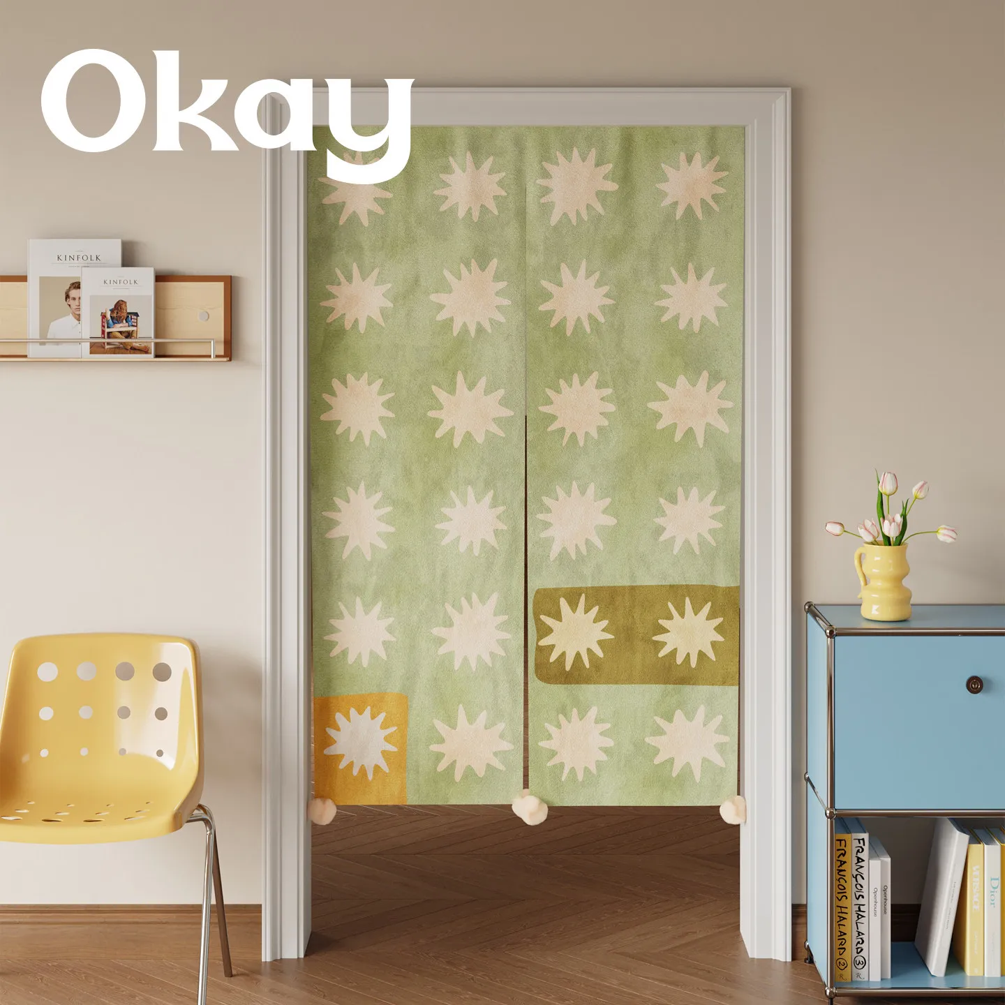 Light Blue Hand Drawn Sun Pom Pom Noren Door Curtain Velcro Punch Free Kids Bedroom Soft Fresh Fabric Privacy Partition Curtain