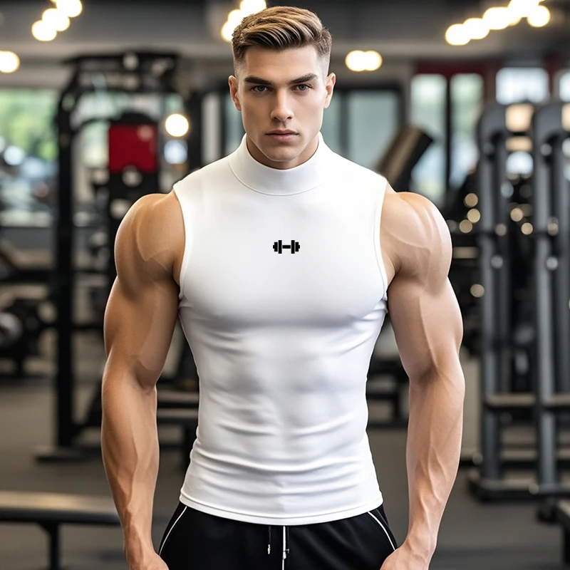 Compression Shirt Mens Turtleneck Running Vests Dumbbel Gym Tank Tops Fitness Clothing Elastic Bodybuilding Sleeveless T Shirt