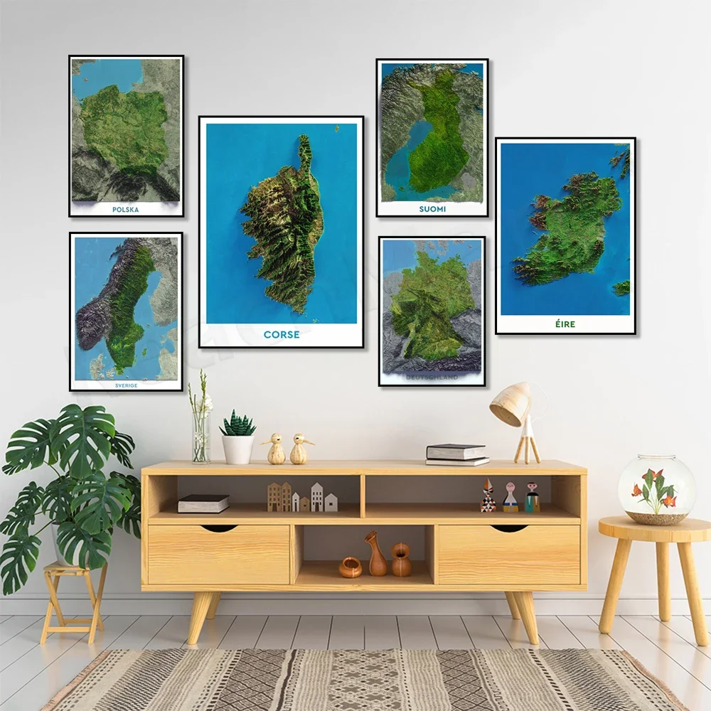 فنلندا، إيطاليا، السويد، ألمانيا، كورسيكا، بولندا، الدنمارك، أيرلندا صورة جوية خريطة تخفيف الظل التضاريس قماش طباعة ملصق