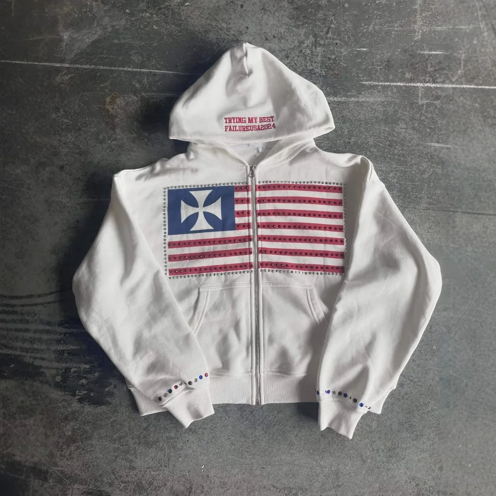 

Ретро Американский Y2K Street Свободная спортивная повседневная толстовка на молнии с капюшоном Jaet с вышивкой и нашивкой для работы Молодежные длинные брюки Свек Осенние ...