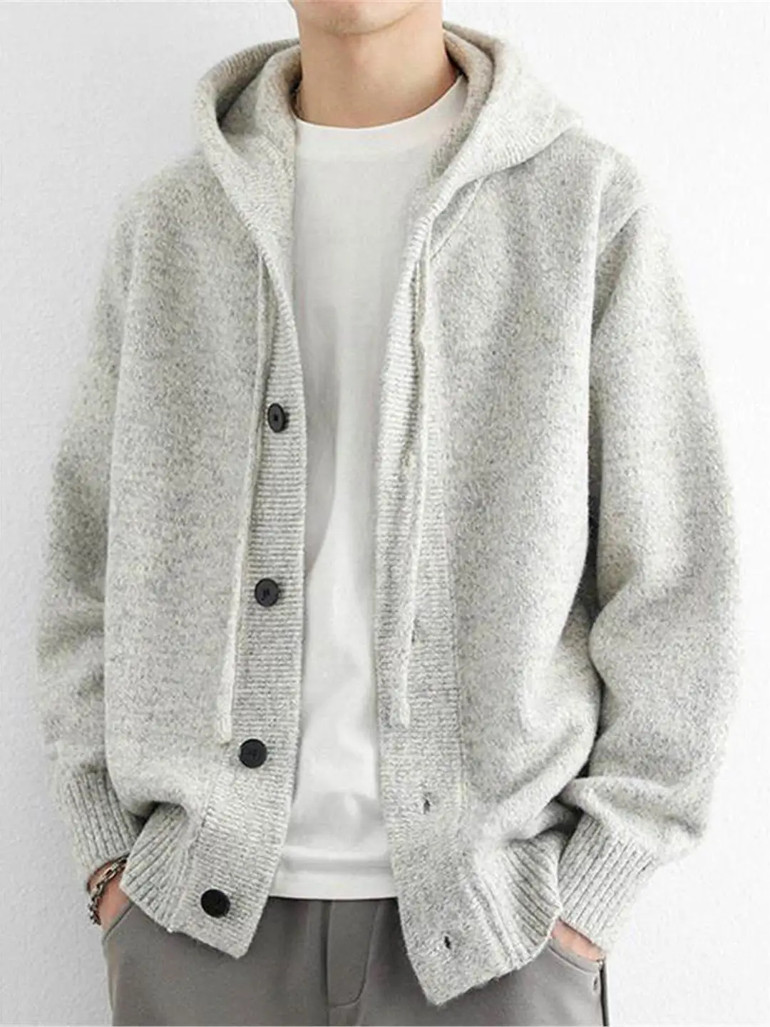 

Мужской вязаный кардиган в американском ретро-стиле с капюшоном, свободный крой, теплый, повседневный, для весны и осени, удобный вязаный топ