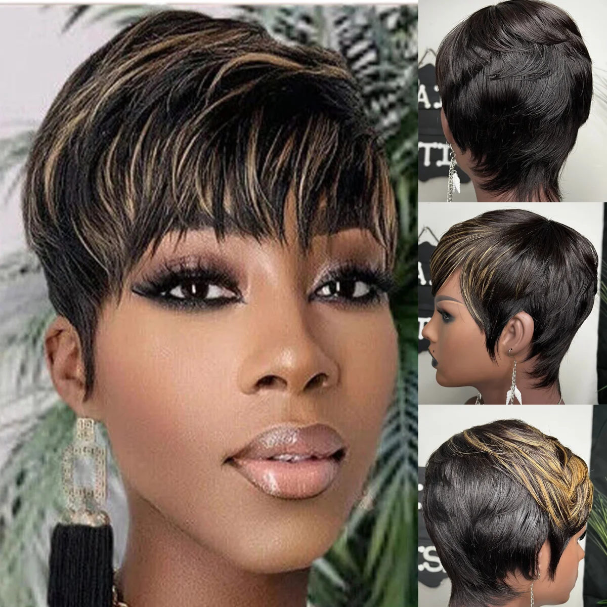 

Short Straight Ombre Black Light Blonde Honey Gold Highlight Synthetic Pixie Cut Hair Bob Wig Hair Cheap Wigs For Black Woman