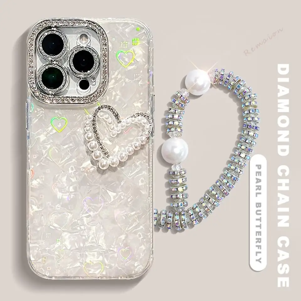 Funda de teléfono 3D con forma de corazón y purpurina ostentosa para iPhone 13, 15, 16, 12, 14, 11 Pro Max Plus, 16Pro Max, funda protectora de perlas con cadena de diamantes