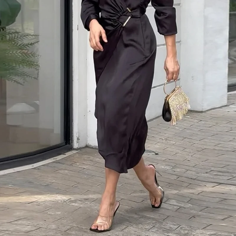 Ellafads Women Maxi Dress 2024 New Summer Fashion Lapel Long Sleeve Solid V Neck Pleated Slit Slim Office Dresses Streetwear