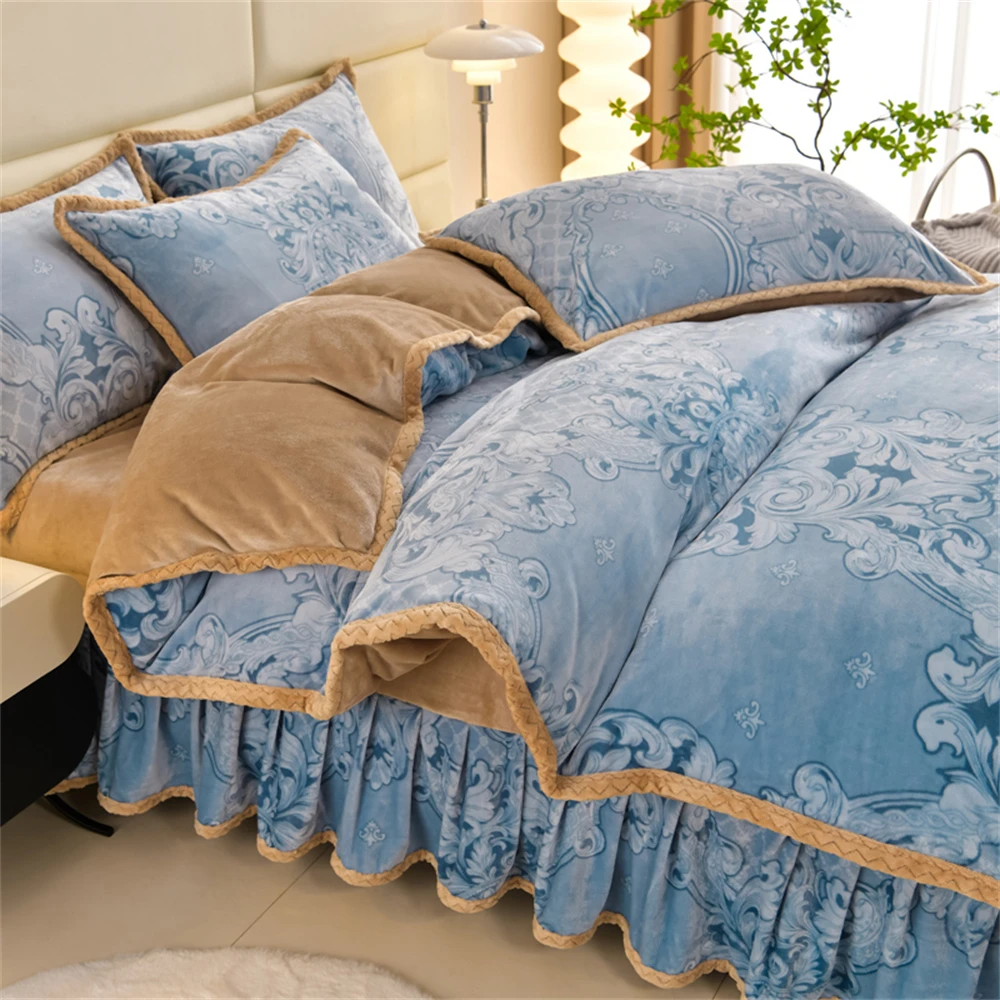 Thicken Milk Velvet Four Piece Set Bed Sheet Quilt Cover Pillowcase Autumn Winter Carved Milk Velvet Bedding Set Bedroom Decor