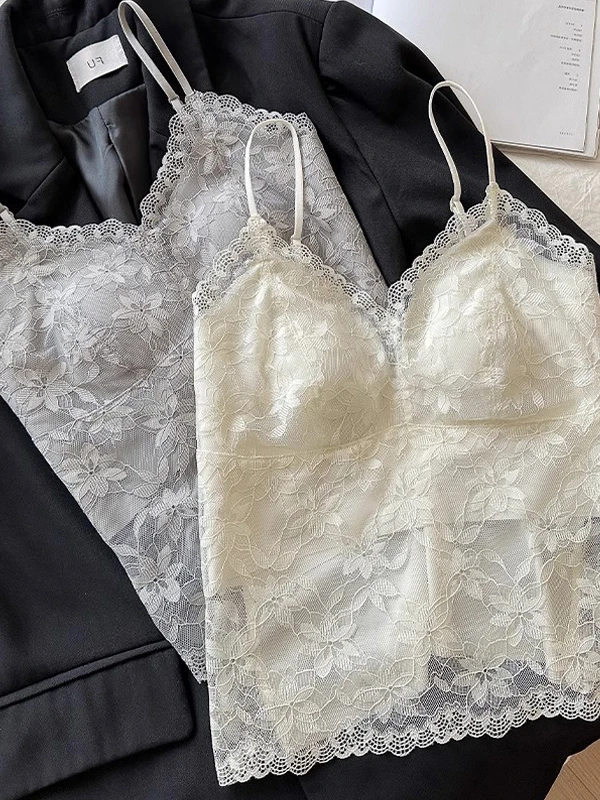 Lace Strap Vest Women's Inner Wear Summer Thin Pad Backless Bra Integrated Base Shirt Commute Style Slim Fit V-neck Short Length