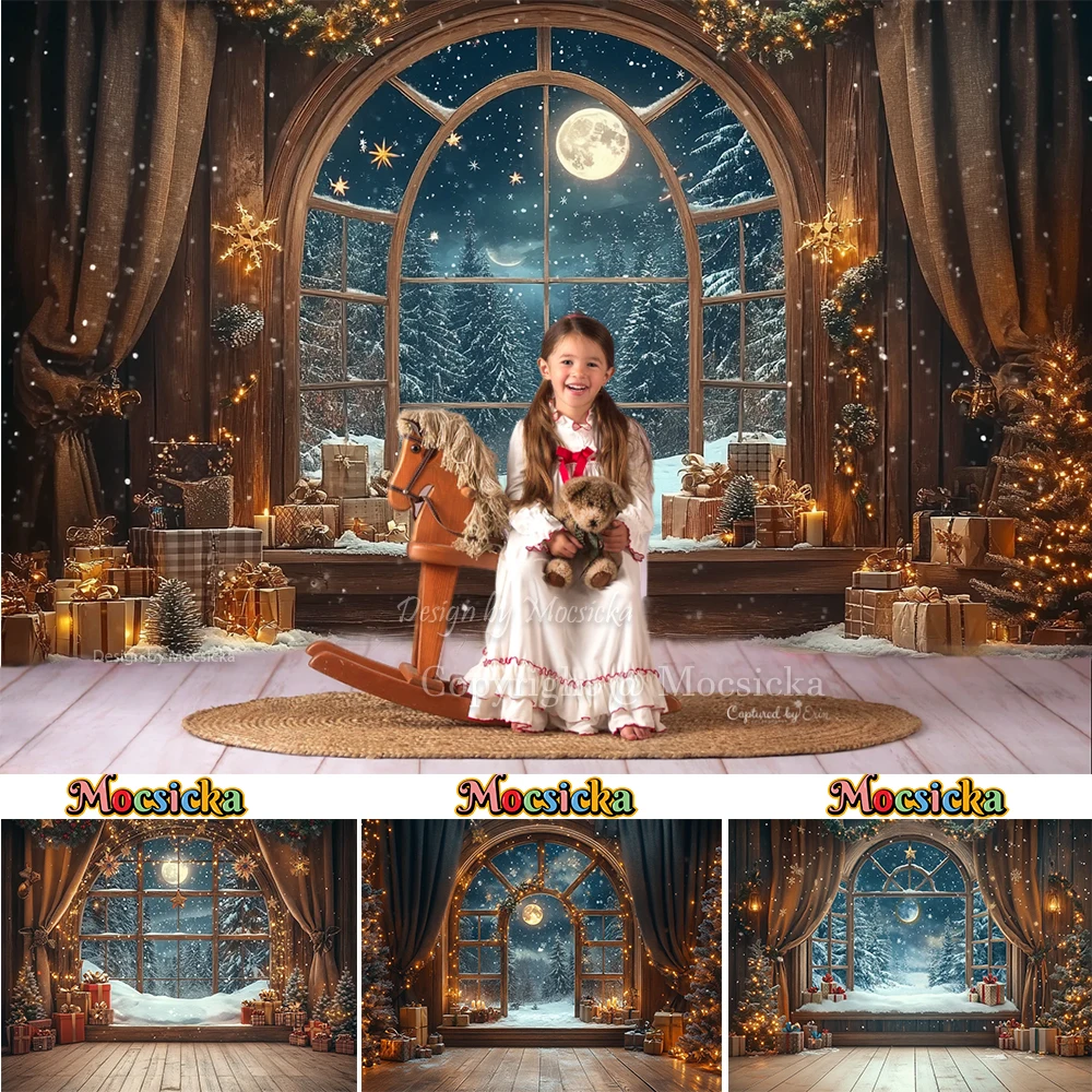 

Mocsicka Christmas Eve Room Photography Background Wooden Window Gift Booth Shiny Star Moon Backdrop Kids Family Photo Studio