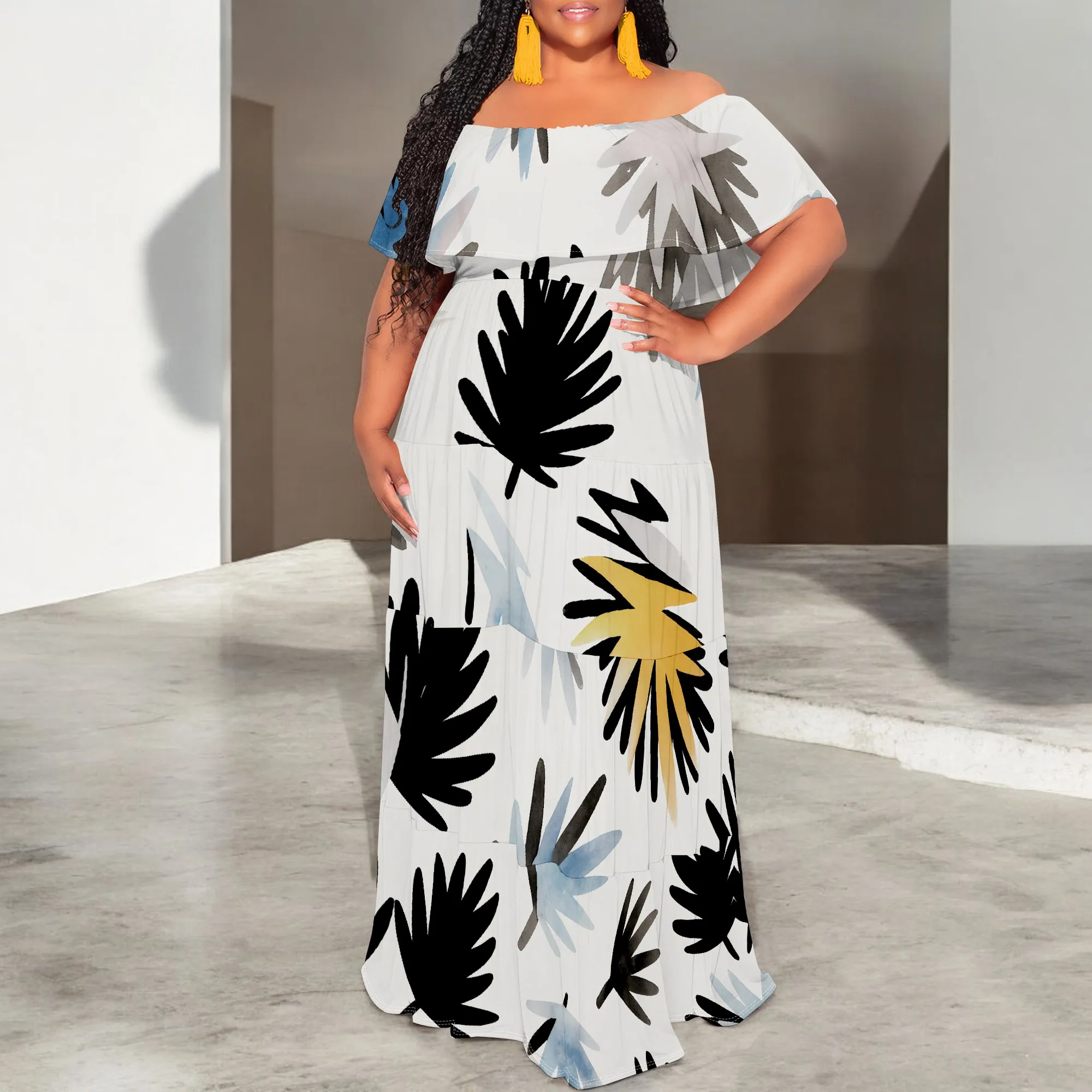 

"Plus Size Off Shoulder Maxi Dress S-3XL, Tropical Palm Leaf Print Boho Summer Beach Party Outfit, Vacation Resort Wear"