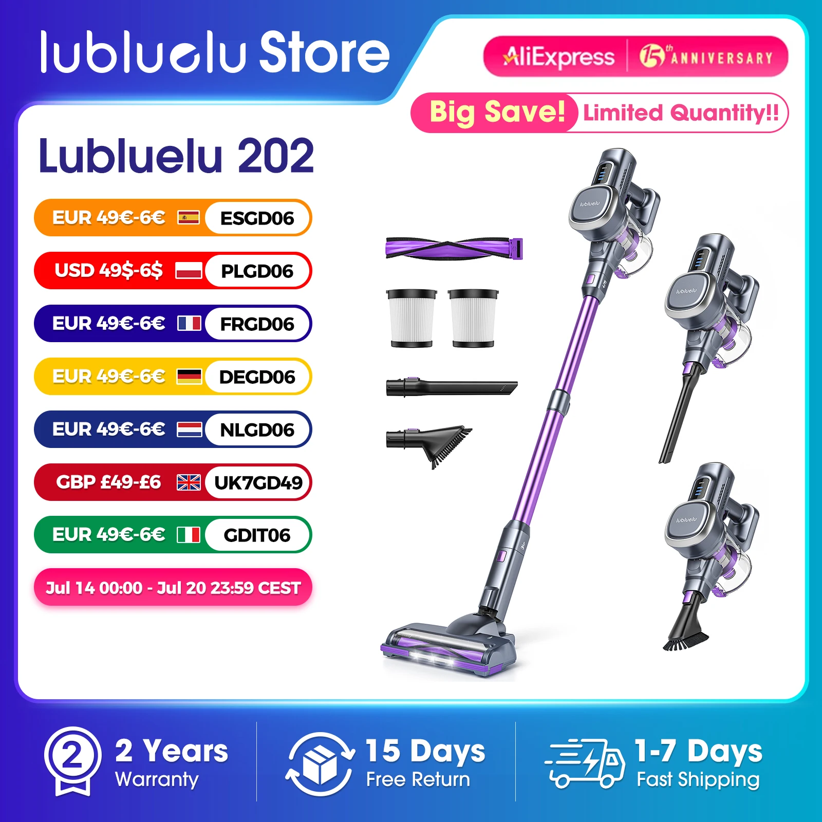Lubluelu 202 Aspiradora de varilla inalámbrica, liviana, 6 en 1, 25 KPa potente sin cable, para alfombras, suelos, pelos de mascotas