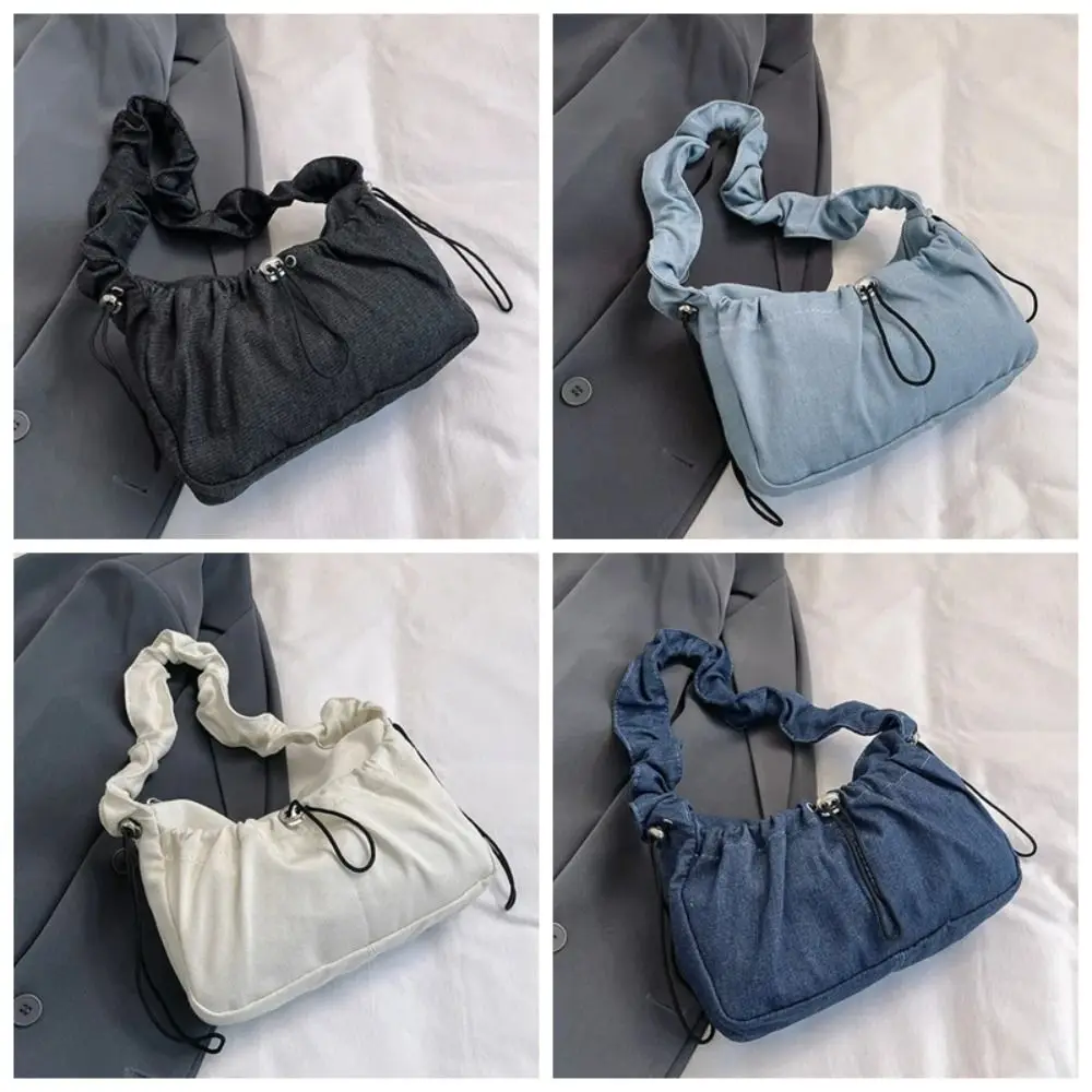 Bolso de hombro plisado de gran capacidad para mujer, bolsa de hombro Retro con correa ajustable y cordón, con patrón de letras, tela vaquera