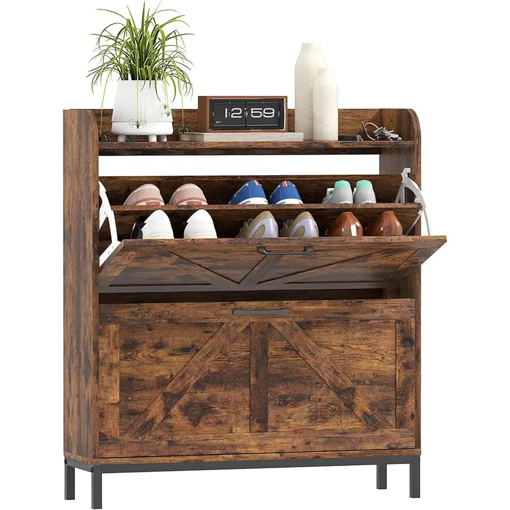 Narrow Rustic Brown Wooden Shoe Storage Cabinet with 2 Drawers, Legs, and Door for Entryway or Hallway