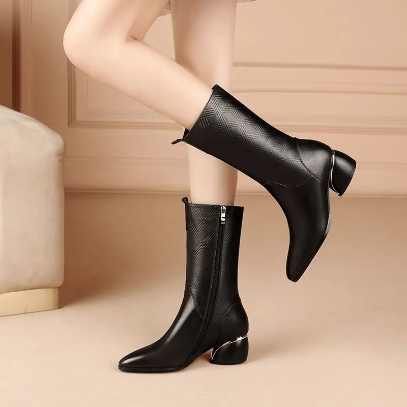 Black chunky mid-calf boots women's  2025 autumn and winter newhigh-heeled leather Autumn and winter plus size cashmere