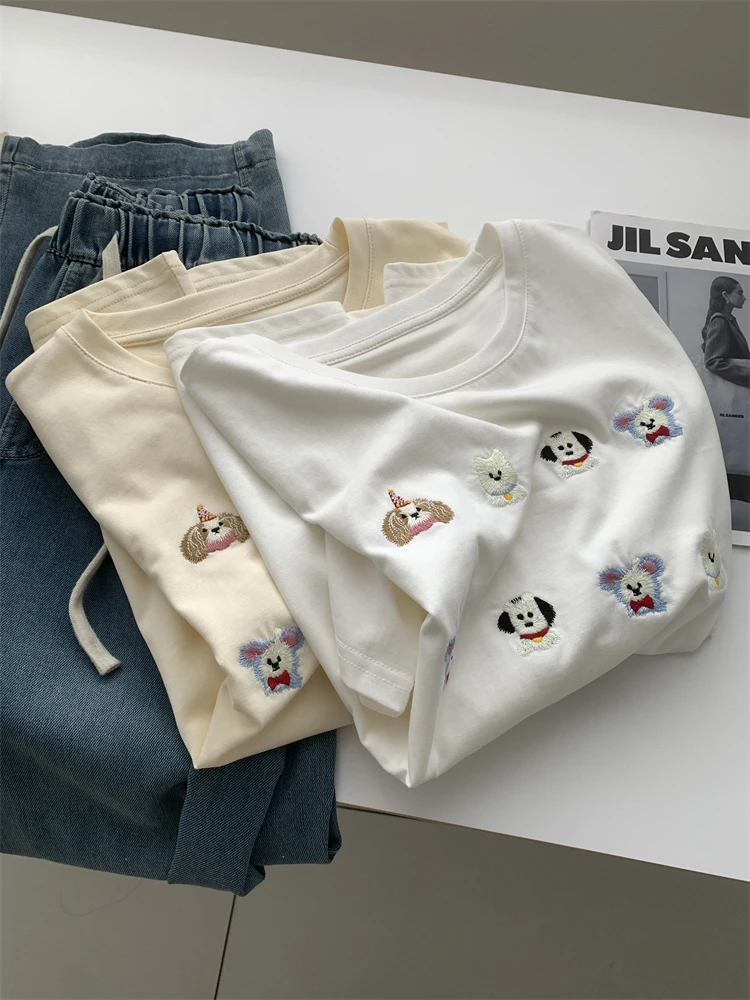 

Animal Embroidered Short Sleeved T-shirt For Women Spring Summer Loose White Casual Top